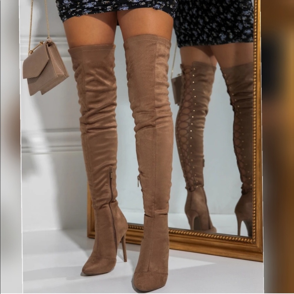 Stretchy Over the Knee Lace Up Boots in Taupe - Picture 10 of 14